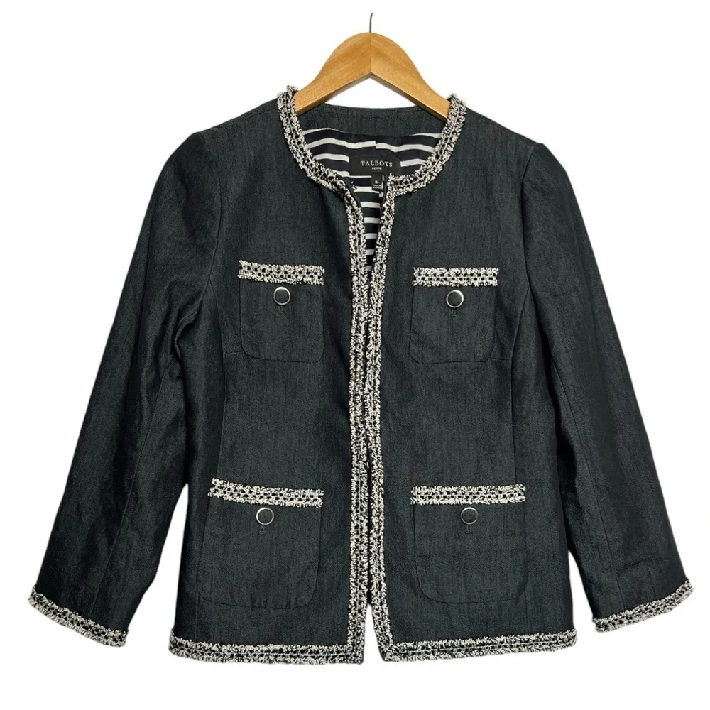 Talbots Lady Jacket Black Chambray Tweed Fringe 8P